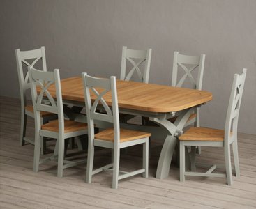 View Extending olympia 180cm oak and soft green painted dining table with 8 light grey painted chairs View Extending olympia 180cm oak and soft green painted dining table with 8 light grey painted chairs