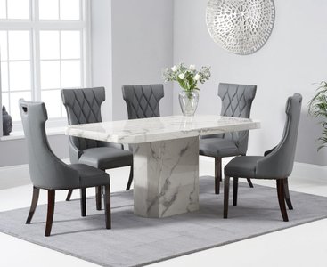 View Belle 160cm marble white dining table with 8 cream sophia chairs View Belle 160cm marble white dining table with 8 cream sophia chairs
