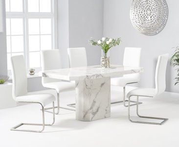 View Belle 160cm marble white dining table with 6 white malaga chairs View Belle 160cm marble white dining table with 6 white malaga chairs