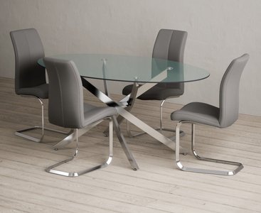 View Bernini 165cm oval glass dining table with 6 grey gianni chairs View Bernini 165cm oval glass dining table with 6 grey gianni chairs