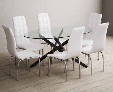 View Bernini 165cm black leg oval glass dining table with 8 white enzo chairs View Bernini 165cm black leg oval glass dining table with 8 white enzo chairs