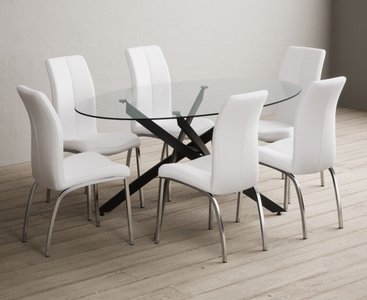 View Bernini 165cm black leg oval glass dining table with 4 white marco chairs View Bernini 165cm black leg oval glass dining table with 4 white marco chairs
