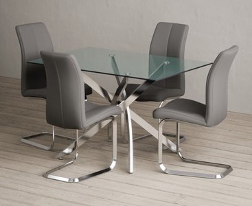 View Bernini 120cm rectangular glass dining table with 4 grey gianni chairs View Bernini 120cm rectangular glass dining table with 4 grey gianni chairs