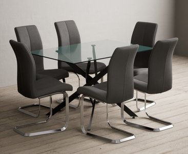 View Bernini 120cm black leg rectangular glass dining table with 4 grey gianni chairs View Bernini 120cm black leg rectangular glass dining table with 4 grey gianni chairs
