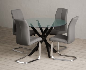 View Bernini 110cm black leg glass dining table with 2 grey gianni chairs View Bernini 110cm black leg glass dining table with 2 grey gianni chairs