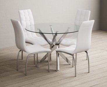View Bernini 110cm glass dining table with 4 red enzo chairs View Bernini 110cm glass dining table with 4 red enzo chairs