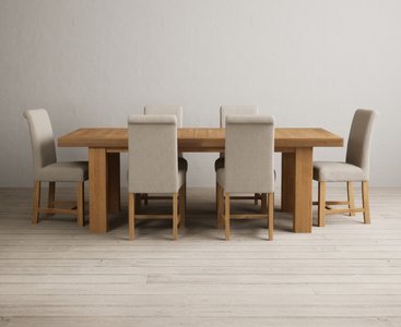 View Extending callington 230cm oak dining table with 12 brown scroll back chairs View Extending callington 230cm oak dining table with 12 brown scroll back chairs