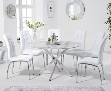 View Comiso 120cm round white marble dining table with 4 black enzo chairs View Comiso 120cm round white marble dining table with 4 black enzo chairs