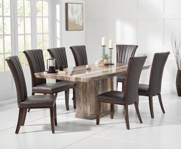 View Carvelle 200cm brown pedestal marble dining table with 12 cream lorient chairs View Carvelle 200cm brown pedestal marble dining table with 12 cream lorient chairs