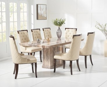 View Carvelle 200cm brown pedestal marble dining table with 12 cream francesca chairs View Carvelle 200cm brown pedestal marble dining table with 12 cream francesca chairs