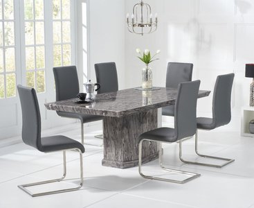 View Carvelle 200cm grey pedestal marble dining table with 12 black austin chairs View Carvelle 200cm grey pedestal marble dining table with 12 black austin chairs