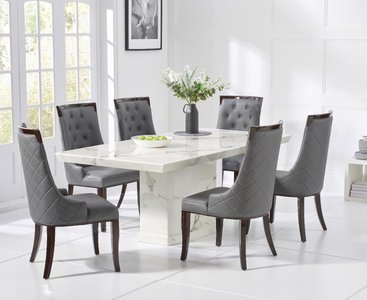 View Carvelle 200cm white pedestal marble dining table with 12 grey francesca chairs View Carvelle 200cm white pedestal marble dining table with 12 grey francesca chairs