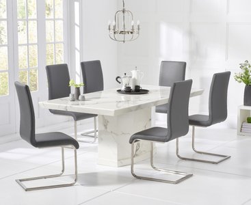 View Carvelle 160cm white pedestal marble dining table with 6 white austin chairs View Carvelle 160cm white pedestal marble dining table with 6 white austin chairs