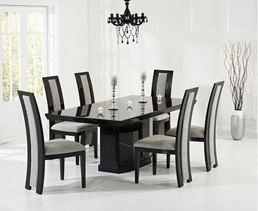 View Carvelle 160cm black pedestal marble dining table with 6 black novara chairs View Carvelle 160cm black pedestal marble dining table with 6 black novara chairs