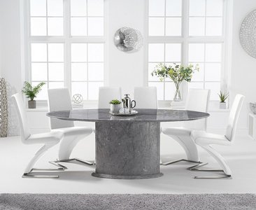View Colby 200cm grey oval marble dining table with 6 black aldo chairs View Colby 200cm grey oval marble dining table with 6 black aldo chairs
