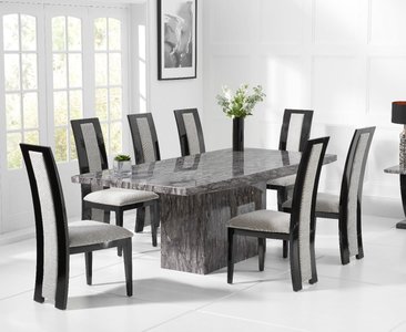 View Crema 180cm grey marble dining table with 10 black novara chairs View Crema 180cm grey marble dining table with 10 black novara chairs