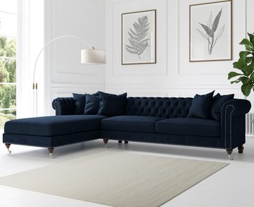 View Chiswick extra large blue velvet left facing chesterfield corner chaise sofa View Chiswick extra large blue velvet left facing chesterfield corner chaise sofa