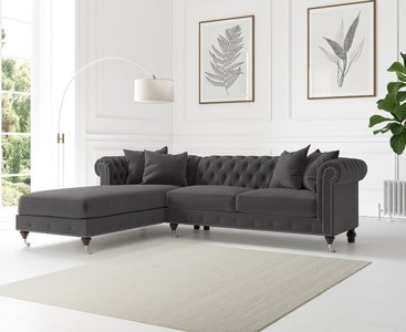 View Chiswick 3 seater dark grey velvet left facing chesterfield corner chaise sofa View Chiswick 3 seater dark grey velvet left facing chesterfield corner chaise sofa