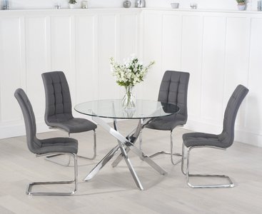 View Bernini 110cm glass dining table with 4 white vigo chairs View Bernini 110cm glass dining table with 4 white vigo chairs