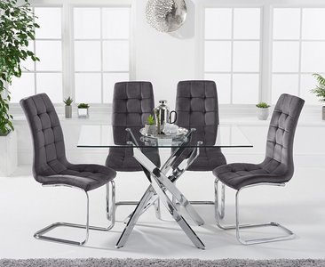 View Bernini 120cm rectangular glass dining table with 4 grey vigo chairs View Bernini 120cm rectangular glass dining table with 4 grey vigo chairs