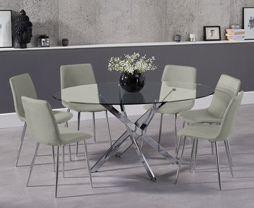 View Bernini 165cm oval glass dining table with 4 grey chairs View Bernini 165cm oval glass dining table with 4 grey chairs