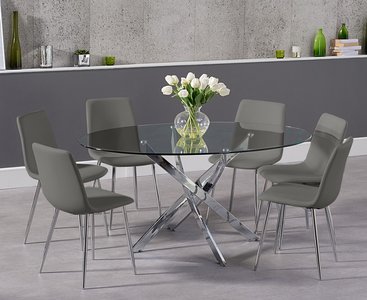 View Bernini 165cm oval glass dining table with 6 grey chairs View Bernini 165cm oval glass dining table with 6 grey chairs