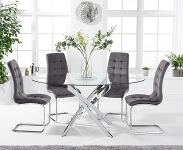 View Bernini 165cm oval glass dining table with 6 grey vigo chairs View Bernini 165cm oval glass dining table with 6 grey vigo chairs