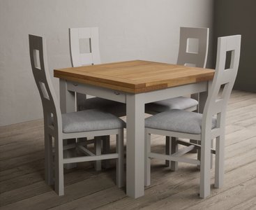 View Extending buxton 90cm oak and soft white painted dining table with 4 blue painted chairs View Extending buxton 90cm oak and soft white painted dining table with 4 blue painted chairs