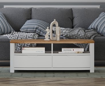 View Bradwell oak and signal white painted 4 drawer coffee table View Bradwell oak and signal white painted 4 drawer coffee table