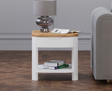 View Bradwell oak and signal white painted 1 drawer lamp table View Bradwell oak and signal white painted 1 drawer lamp table