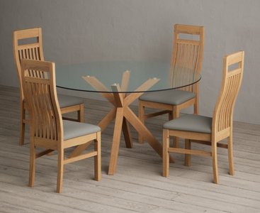 View Lakelyn 140cm round solid oak and glass dining table with 4 oak monroe chairs View Lakelyn 140cm round solid oak and glass dining table with 4 oak monroe chairs