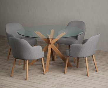 View Lakelyn 140cm round solid oak and glass dining table with 4 light grey oliver chairs View Lakelyn 140cm round solid oak and glass dining table with 4 light grey oliver chairs