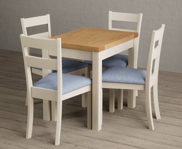 View Extending hadleigh oak and cream painted dining table with 2 blue kendal chairs View Extending hadleigh oak and cream painted dining table with 2 blue kendal chairs