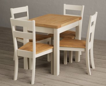 View Extending hadleigh oak and cream painted dining table with 2 blue kendal chairs View Extending hadleigh oak and cream painted dining table with 2 blue kendal chairs