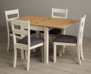 View Extending hadleigh oak and cream painted dining table with 2 blue kendal chairs View Extending hadleigh oak and cream painted dining table with 2 blue kendal chairs