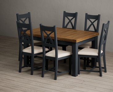 View Extending buxton 140cm oak and dark blue painted dining table with 6 charcoal grey painted chairs View Extending buxton 140cm oak and dark blue painted dining table with 6 charcoal grey painted chairs