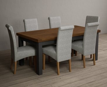View Extending buxton 180cm oak and charcoal grey painted dining table with 6 grey scroll back chairs View Extending buxton 180cm oak and charcoal grey painted dining table with 6 grey scroll back chairs
