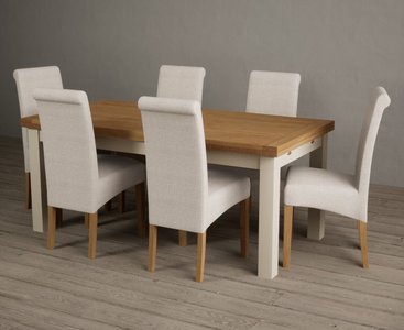 View Extending buxton 180cm oak and cream painted dining table with 12 blue scroll back chairs View Extending buxton 180cm oak and cream painted dining table with 12 blue scroll back chairs