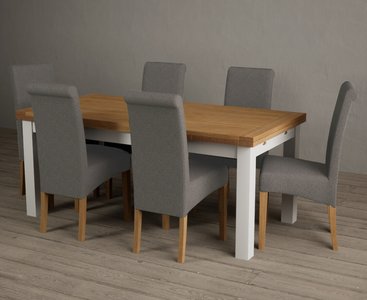 View Extending buxton 180cm oak and signal white painted dining table with 12 blue scroll back chairs View Extending buxton 180cm oak and signal white painted dining table with 12 blue scroll back chairs