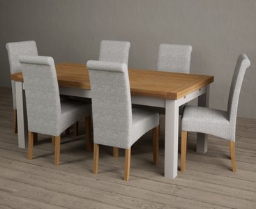 View Extending buxton 180cm oak and soft white painted dining table with 12 blue scroll back chairs View Extending buxton 180cm oak and soft white painted dining table with 12 blue scroll back chairs