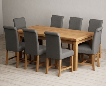 View Extending buxton 180cm solid oak dining table with 10 grey scroll back chairs View Extending buxton 180cm solid oak dining table with 10 grey scroll back chairs