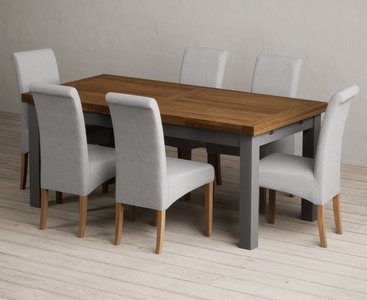 View Extending buxton 180cm oak and charcoal grey painted dining table with 8 grey scroll back chairs View Extending buxton 180cm oak and charcoal grey painted dining table with 8 grey scroll back chairs