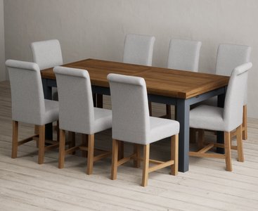View Extending buxton 180cm oak and dark blue painted dining table with 6 blue scroll back chairs View Extending buxton 180cm oak and dark blue painted dining table with 6 blue scroll back chairs