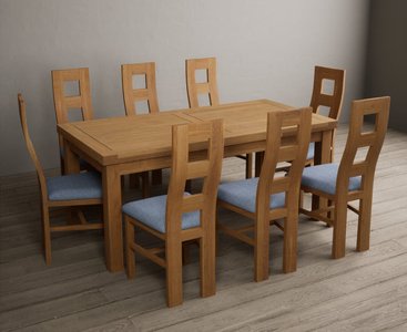 View Extending buxton 180cm solid oak dining table with 10 blue natural chairs View Extending buxton 180cm solid oak dining table with 10 blue natural chairs