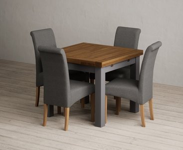 View Extending buxton 90cm oak and charcoal grey painted dining table with 4 grey scroll back chairs View Extending buxton 90cm oak and charcoal grey painted dining table with 4 grey scroll back chairs