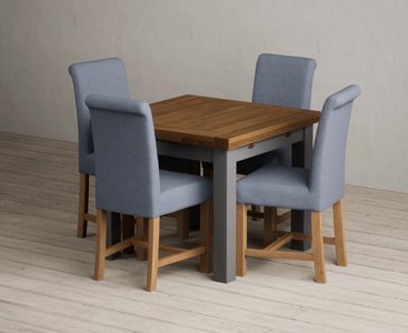 View Extending buxton 90cm oak and charcoal grey painted dining table with 4 grey scroll back chairs View Extending buxton 90cm oak and charcoal grey painted dining table with 4 grey scroll back chairs