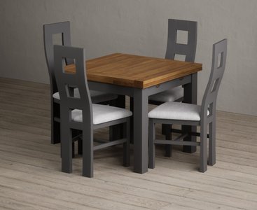 View Extending buxton 90cm oak and charcoal grey painted dining table with 4 light grey painted chairs View Extending buxton 90cm oak and charcoal grey painted dining table with 4 light grey painted chairs