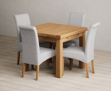View Extending buxton 90cm solid oak dining table with 4 grey scroll back chairs View Extending buxton 90cm solid oak dining table with 4 grey scroll back chairs
