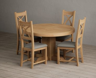 View Extending helmsley oak pedestal dining table with 4 grey natural solid oak chairs View Extending helmsley oak pedestal dining table with 4 grey natural solid oak chairs