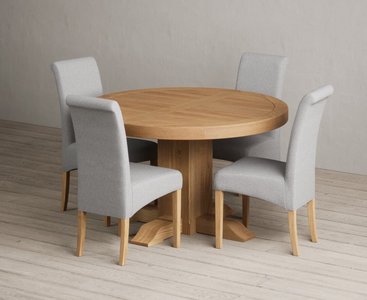 View Extending helmsley oak pedestal dining table with 4 grey scroll back chairs View Extending helmsley oak pedestal dining table with 4 grey scroll back chairs